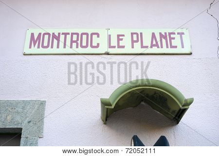MONTROC, FRANCE - SEPTEMBER 02: Montroc tram station sign. The area is a stage of the popular Mont Blanc tour, which crosses France, Italy and Switzerland. September 02, 2014 in Montroc.