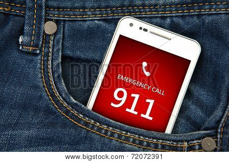 Mobile Phone In Pocket With Emergency Number 911. Focus On Screen