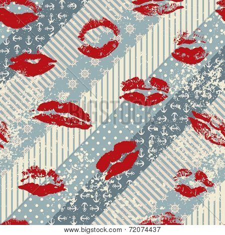 Grunge pattern in nautical style with imprints of lipstick
