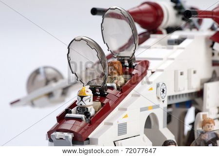 Ankara, Turkey - April 24, 2014: Lego Star Wars Republic Gunship cockpit and ball gun turrets 