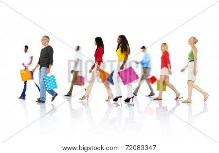 Group of Diverse People Walking with Shopping Bags