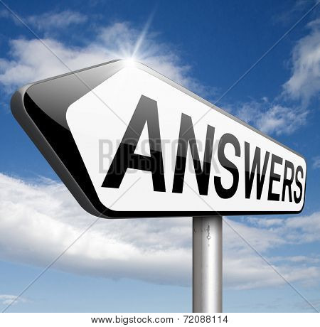 find answers indicating way to solve problems answer road sign search answer and discover truth text and word concept