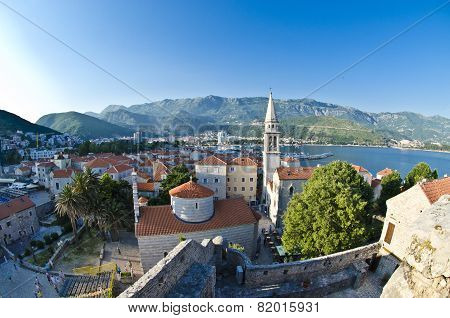 Fisheye Lens View Of Red Roofs Of Budva In Montenegro, Citadela