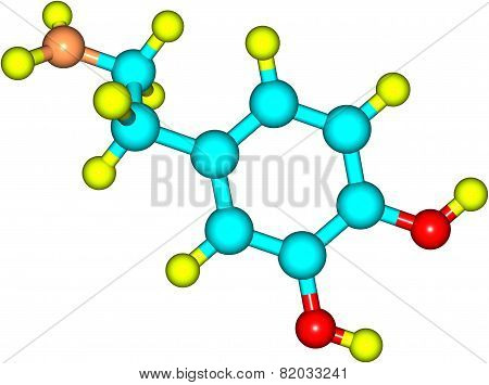 Structural model of Dopamine. It is a neurotransmitter affecting behaviour, sleep, learning, perception of pain, mood and motivation.