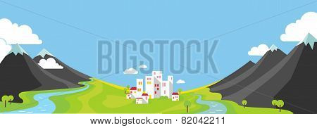 Panorama Vector Illustration Of Mountains And City In Valley