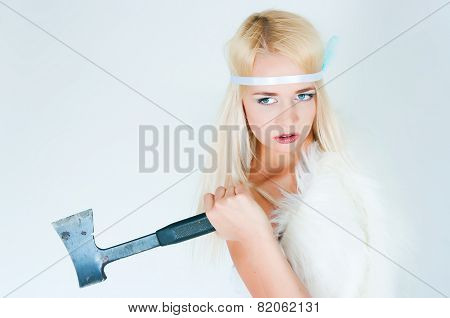 The Girl In A Fur Cape With An Axe
