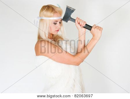 The Girl In A Fur Cape With An Axe