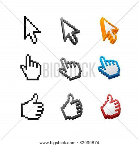 Vector cursors set. Arrow, hand.