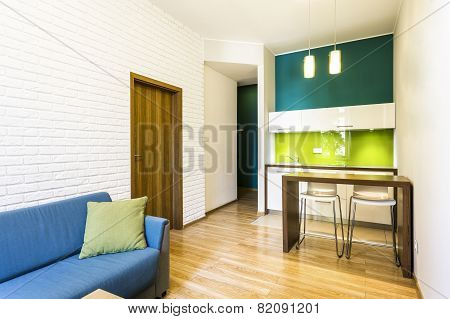 Small Living Room With Green Kitchenette