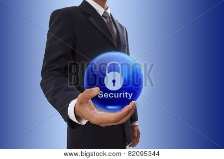 Businessman hand holding blue crystal ball