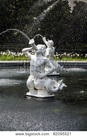 Statues Spouting Water In Forsyth Park Fountain