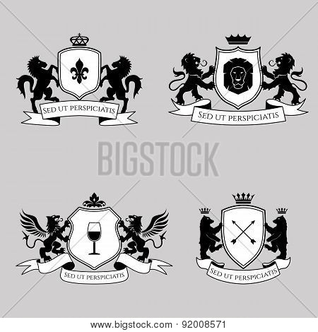 Heraldic signs, elements, insignia. Vector set