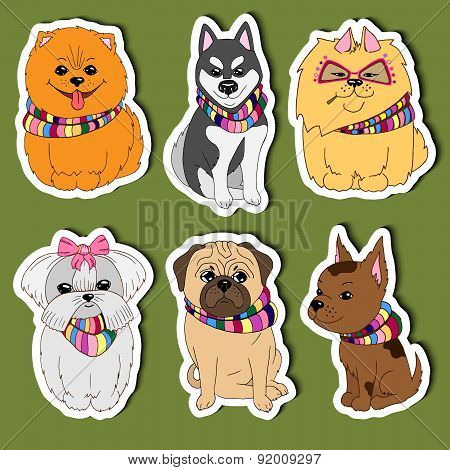 Set Cartoon Stickers Dogs For Kids. Hand Drawn Colorful Vector. Eps 10.