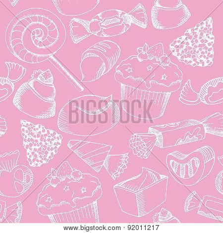 Hand Drawn Seamless Vector White Candys Pattern on pink Background.