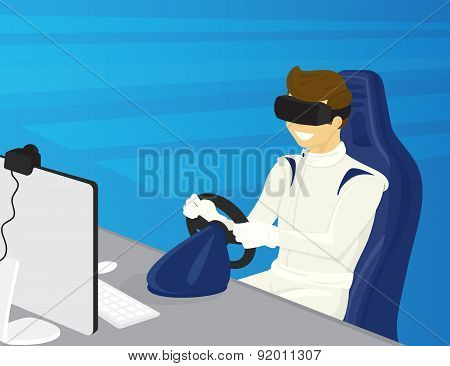 Happy guy is driving a car in virtual reality