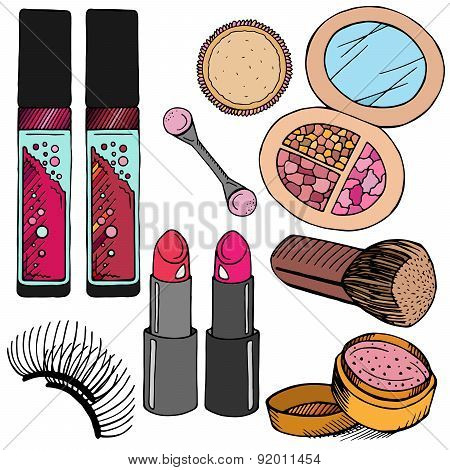 Vector Hand Drawn Colorful Cosmetic stickers set in cartoon style.