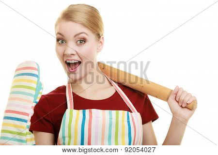 Funny Housewife In Kitchen Apron Holds Baking Rolling Pin