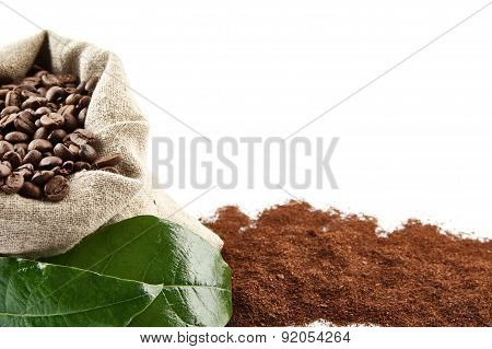 Sack Full Of Coffee Beans With Green Leaf Backdrop