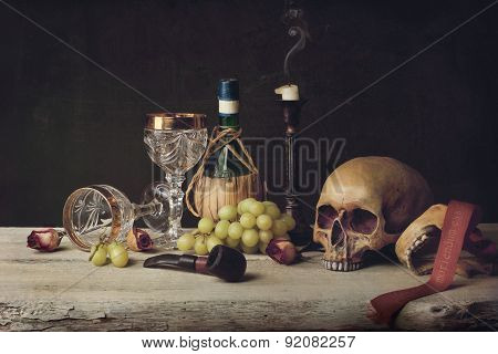 Vanitas Witch Skull; Pipe, Tobacco, Wine Glass, Wine And Grape