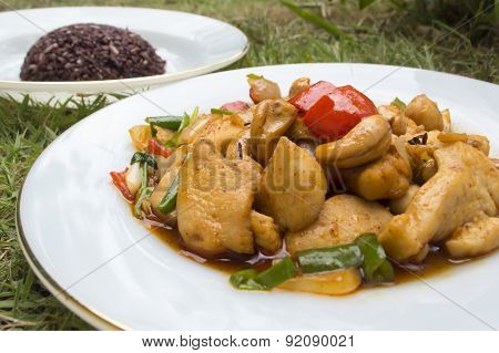 Thai Food,stir Fired Chicken With Cashew Nuts And Rice Berry