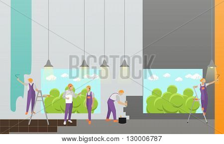 Home interior and room repair vector banner. Workers make renovation in apartment. Building under construction.