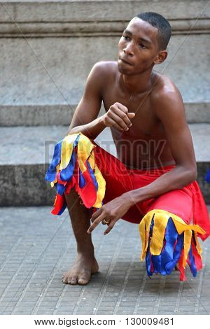 CARTAGENA COLOMBIA - FEB 04 : Street performer in Cartagena Colombia on February 04 2016. The historic port city Cartagena is UNESCO World Heritage Site since 1984.
