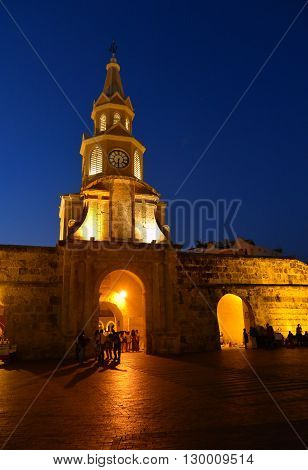 CARTAGENA COLOMBIA - FEB 04 : The Clock tower in the entrance to the old town of Cartagena Colombia on Februery 04 2016. The historic port city Cartagena is UNESCO World Heritage Site since 1984.