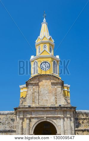 CARTAGENA COLOMBIA - FEB 04 : The Clock tower in the entrance to the old town of Cartagena Colombia on Februery 04 2016. The historic port city Cartagena is UNESCO World Heritage Site since 1984.