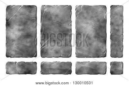 A set of realistic stone or rock panels tables and buttons. Fantasy elements or interface graphics.