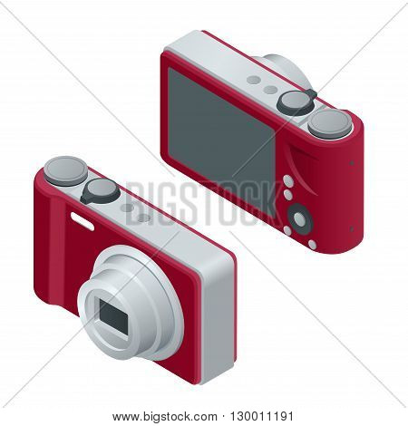 Digital photo camera. SLR camera.  The objects are isolated against the white background and shown from different sides. Flat 3d vector isometric illustration