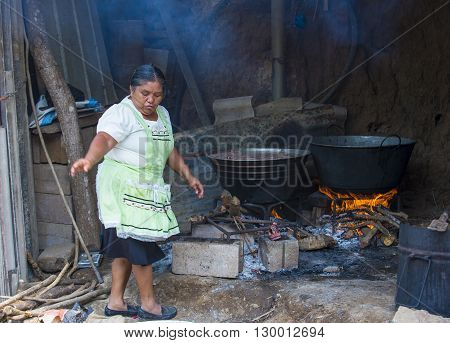 PANCHIMALCO EL SALVADOR - MAY 08 : A Salvadoran woman cooks during the Flower & Palm Festival in Panchimalco El Salvador on May 08 2016