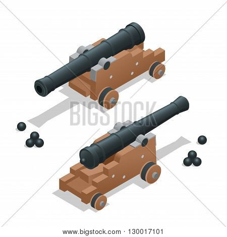 Ancient cannon with cannon balls. Artillery gun.  Old cannon Flat 3d vector isometric illustration.
