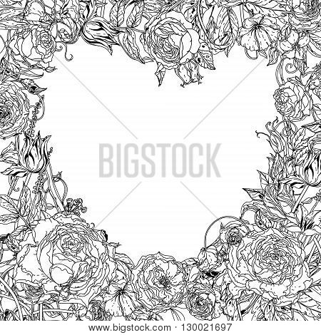 Uncolored heart shape frame by roses in zenart style, could be used for Adult colouring book. Hand-drawn, doodle, vector the best for your design, wedding cards, coloring book. Black and white.