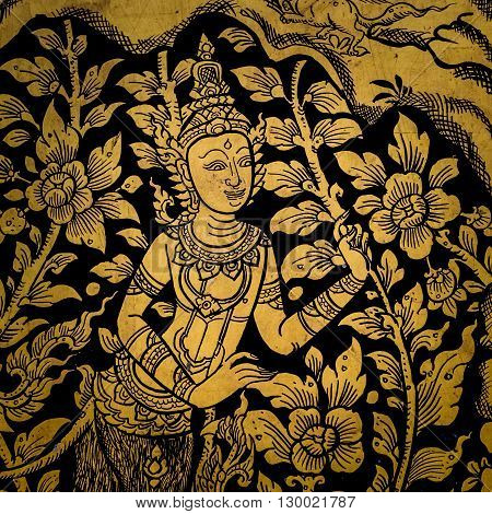 ancient thai painting on wall in thailand buddha temple