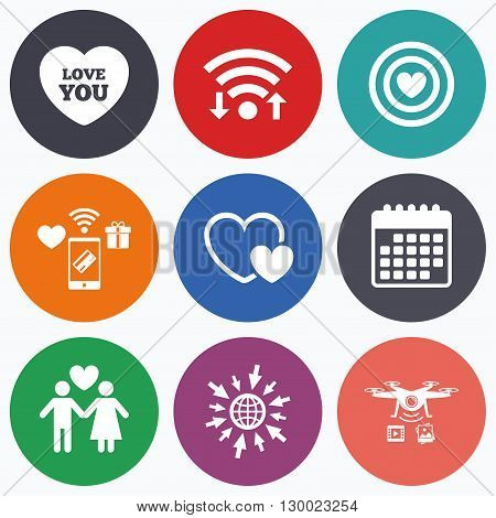 Wifi, mobile payments and drones icons. Valentine day love icons. Target aim with heart symbol. Couple lovers sign. Calendar symbol.