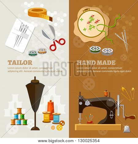 Tailor banners tailoring tools seamstress fashion designer needlework vector illustration