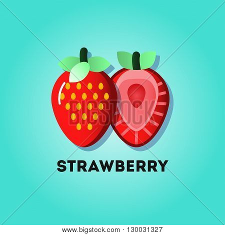Flat lay strawberries in a cut on a blue gradient background. Vector illustration.
