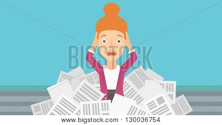 Woman in stack of newspapers.