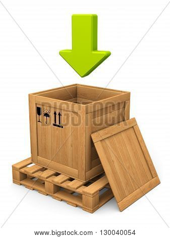 Download concept. Open wooden box witn lid on pallet. Green arrow. Isolated on white.