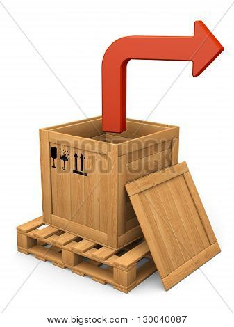 Extract concept. Open wooden box witn lid on pallet. Red bent arrow. Isolated on white.