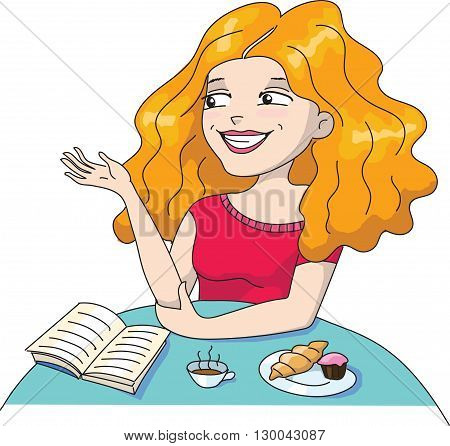 Illustration of a long haired girl smiling  and dreaming on a white background