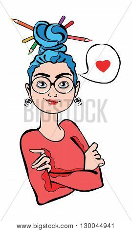 Girl artist. Girl in glasses. Heart. Isolated vector object on white background.
