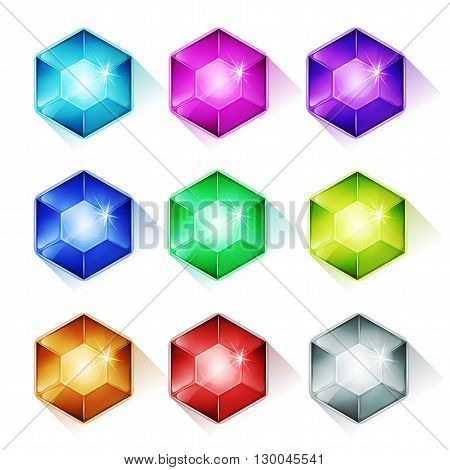 Illustration of a set of glossy and bright cartoon gems stones diamonds minerals crystal jewels and assets icons for luxury imagery and puzzle game ui