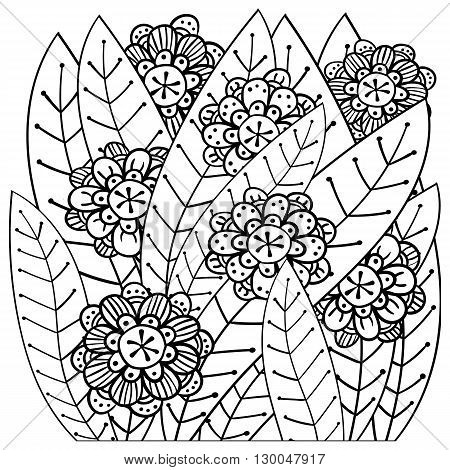 Whimsical garden adult coloring book page. Soft intricate pattern.