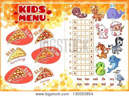 Kids Menu for fast-food with game. Pizza menu. Template menu A4 size horizontal orientation.