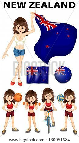 New Zealand flag and woman athlete illustration