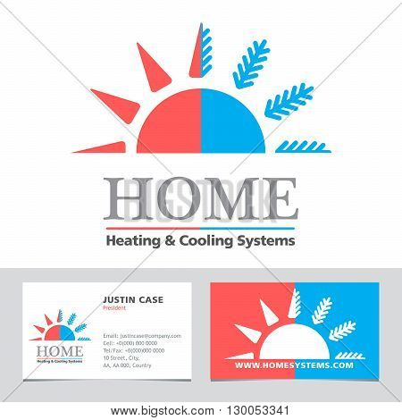 Heating & Cooling systems business icon & business card vector template. Brand visualization template. Vector illustration symbolizing home cooling & heating climate control system. Typography proposal. Editable