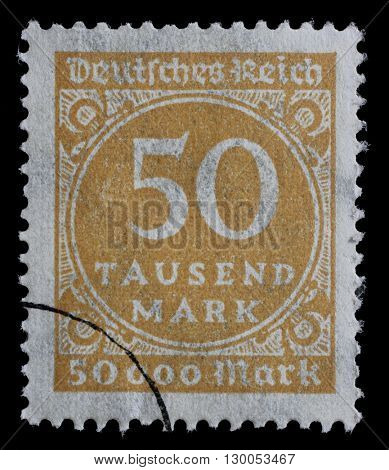GERMAN REICH - CIRCA 1923: A postage stamp printed in Germany shows numeric value, circa 1923.