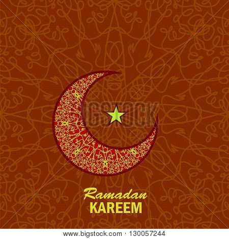 Ramadan Greetings Background. Ramadan Kareem Means Ramadan the Generous Month. Ramadan Greeting Card. Yellow Moon and Yellow Star on Red Ornamental Background
