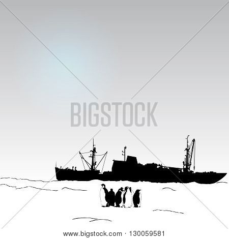 Vector antarctica background with  penguin and science ship and snow